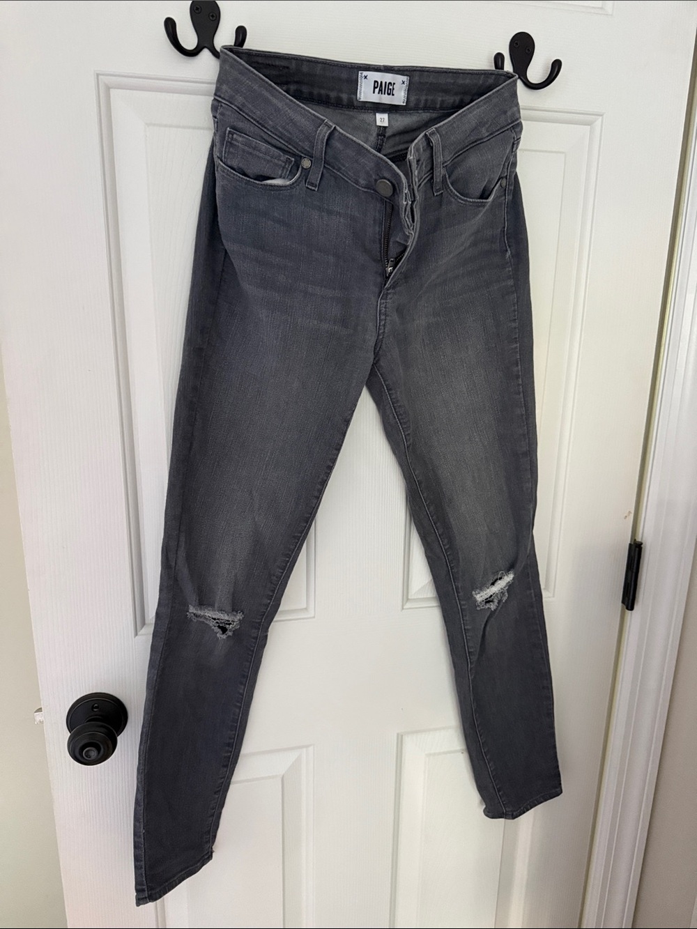 PAIGE Charcoal Gray Ripped Skinny Jeans